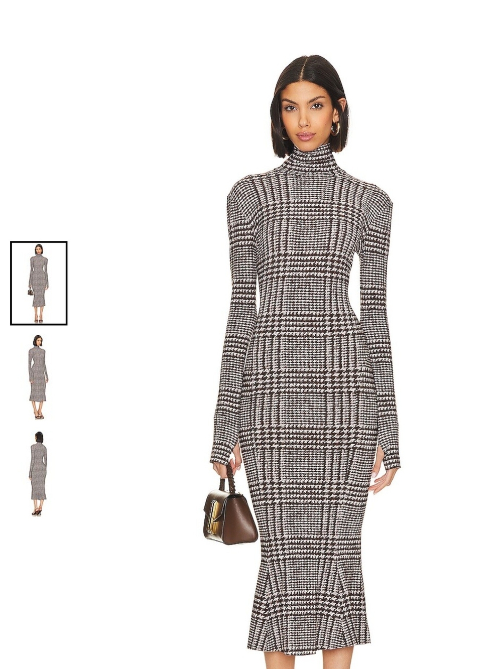 Norma Kamali White and Brown Plaid Turtleneck Midi Dress